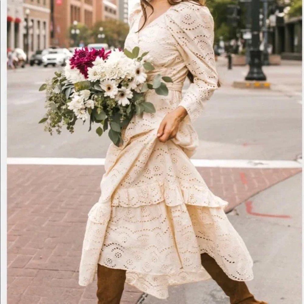 Ivy City Co Cream Eyelet Long Sleeve Dress NWOT